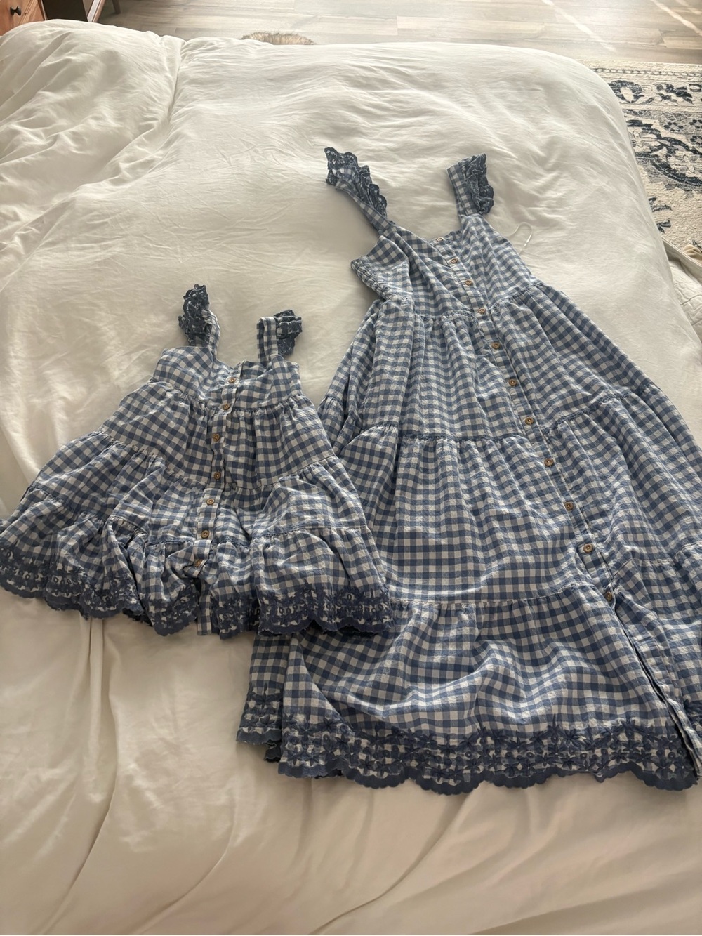 Mommy and me Blue Gingham Button-Front Ruffle Strap Dress size 10 women and 4t - Picture 1 of 3
